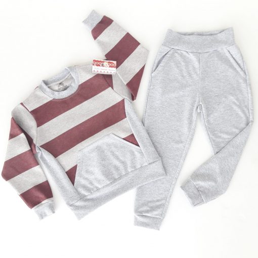 Set de hanorac cu dungi late si buzunar tip marsupiu + pantalon cu bata si buzunare