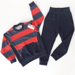 Set de hanorac cu dungi late si buzunar tip marsupiu + pantalon cu bata si buzunare
