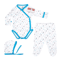 Body pieptar + pantalon cu botoșel + căciuliță (Bumbac 100%, superior, pieptanat)