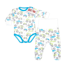 Compleu, pantalonas cu bata lata si botosel + body cu capse pe umar