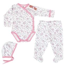 Body pieptar + pantalon cu botoșel + căciuliță (100% Bumbac, subtire)