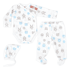 Body pieptar + pantalon cu botoșel + căciuliță (100% Bumbac, subtire)