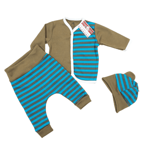 Compleu 3 piese, bluzita cu capse + pantalonas tur lasat +caciulita (Bumbac 100%, semisubtire, superior)