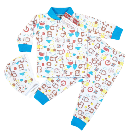 Compleu, bluzita cu nasturi in fata + pantalonas + caciulita, pentru 2-3 luni (Bumbac 100%, subtire)