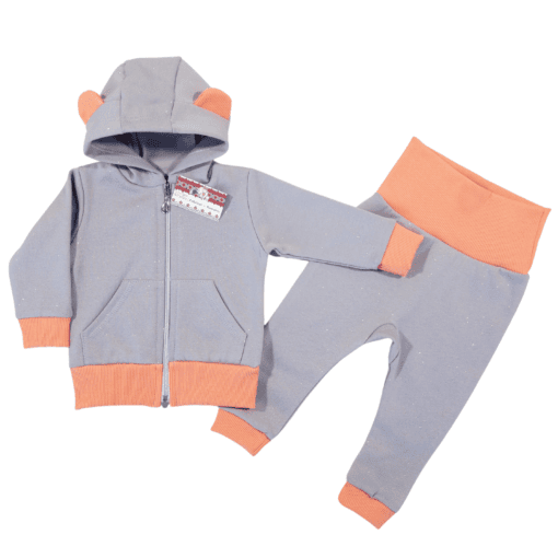 Compleu cu sclipici, hanorac cu bata, fermoar si gluga + pantalon cu bata lata (Bumbac 100%, gros)