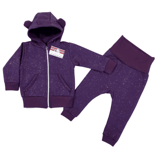 Compleu mov cu sclipici, hanorac cu fermoar si gluga + pantalon cu bata lata (Bumbac 100%, gros)
