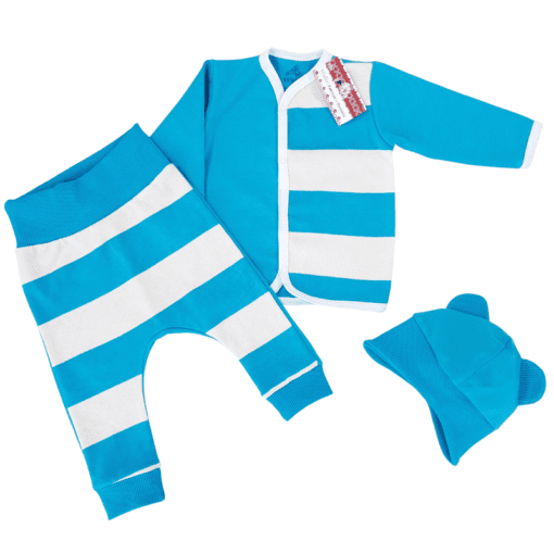 Compleu 3 piese, bluzita cu capse + pantalonas cu bata lata+caciulita (Bumbac 100%, semisubtire, superior)