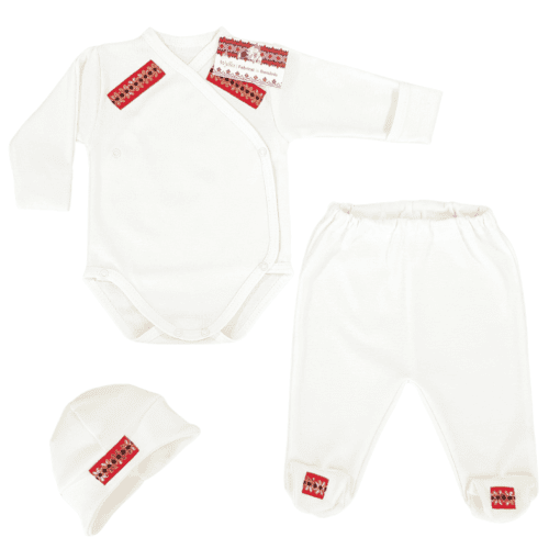 Compleu național, body pieptar + pantalon cu botoșel + căciuliță (Bumbac 100%, gros)crem