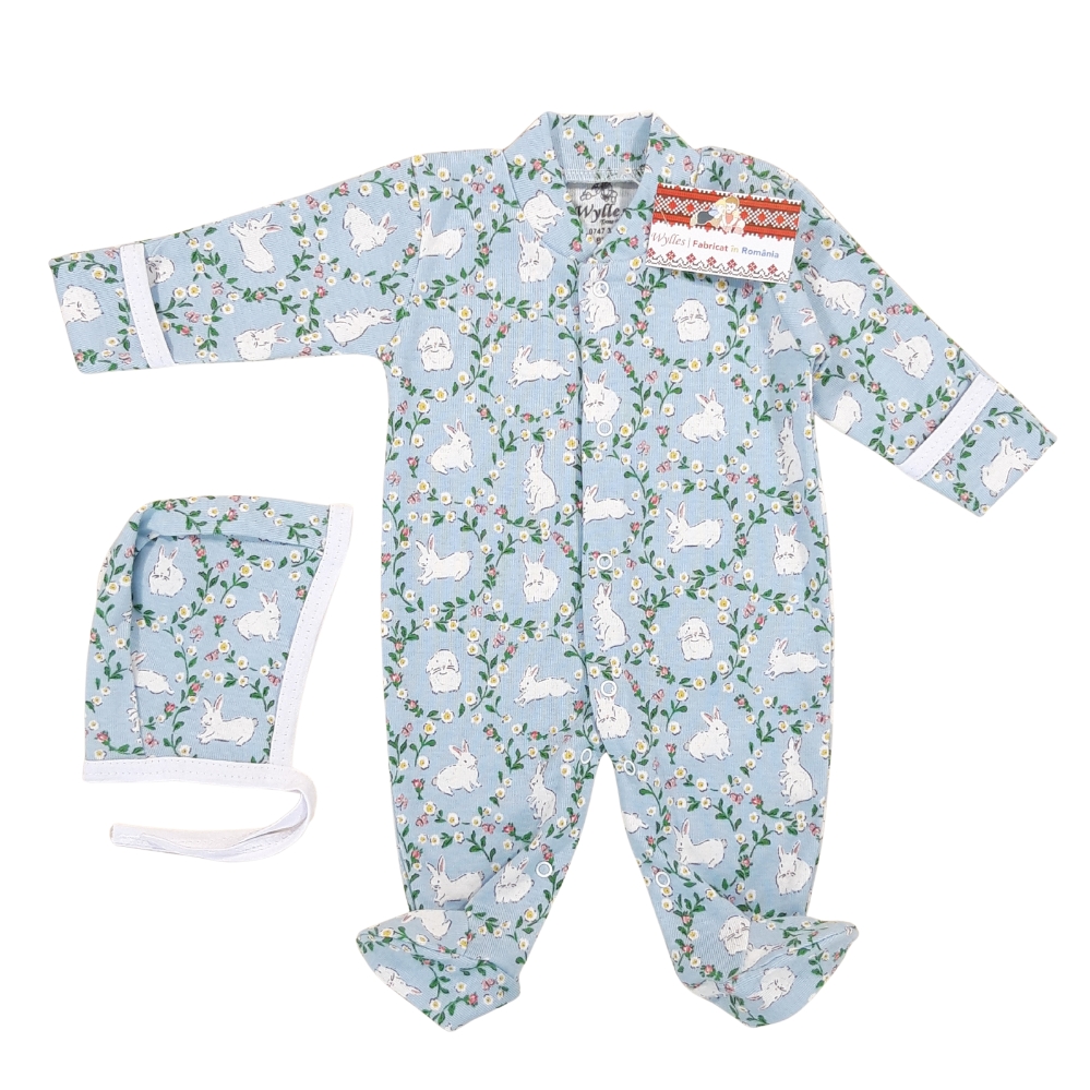 Salopeta 0-6 luni(SEMISUBTIRE)cu manusa si botosei, cu capse in fata si pe ambele picioare + Caciulita (Bumbac 100%,rib )