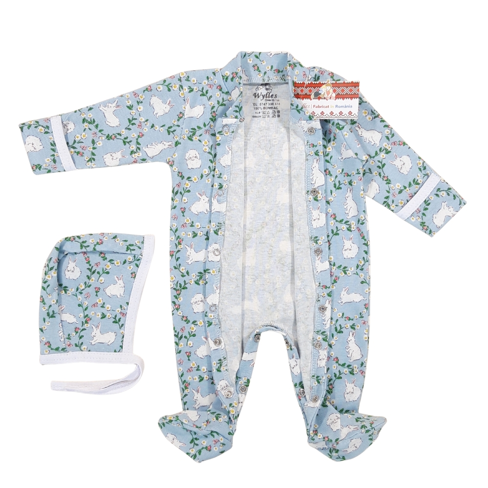 Salopeta 0-6 luni(SEMISUBTIRE)cu manusa si botosei, cu capse in fata si pe ambele picioare + Caciulita (Bumbac 100%,rib ) - imagine 5