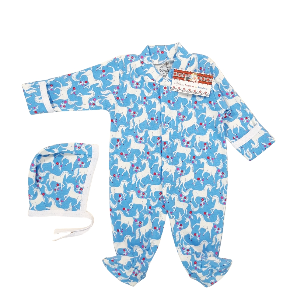 Salopeta 0-6 luni(SEMISUBTIRE)cu manusa si botosei, cu capse in fata si pe ambele picioare + Caciulita (Bumbac 100%,rib )