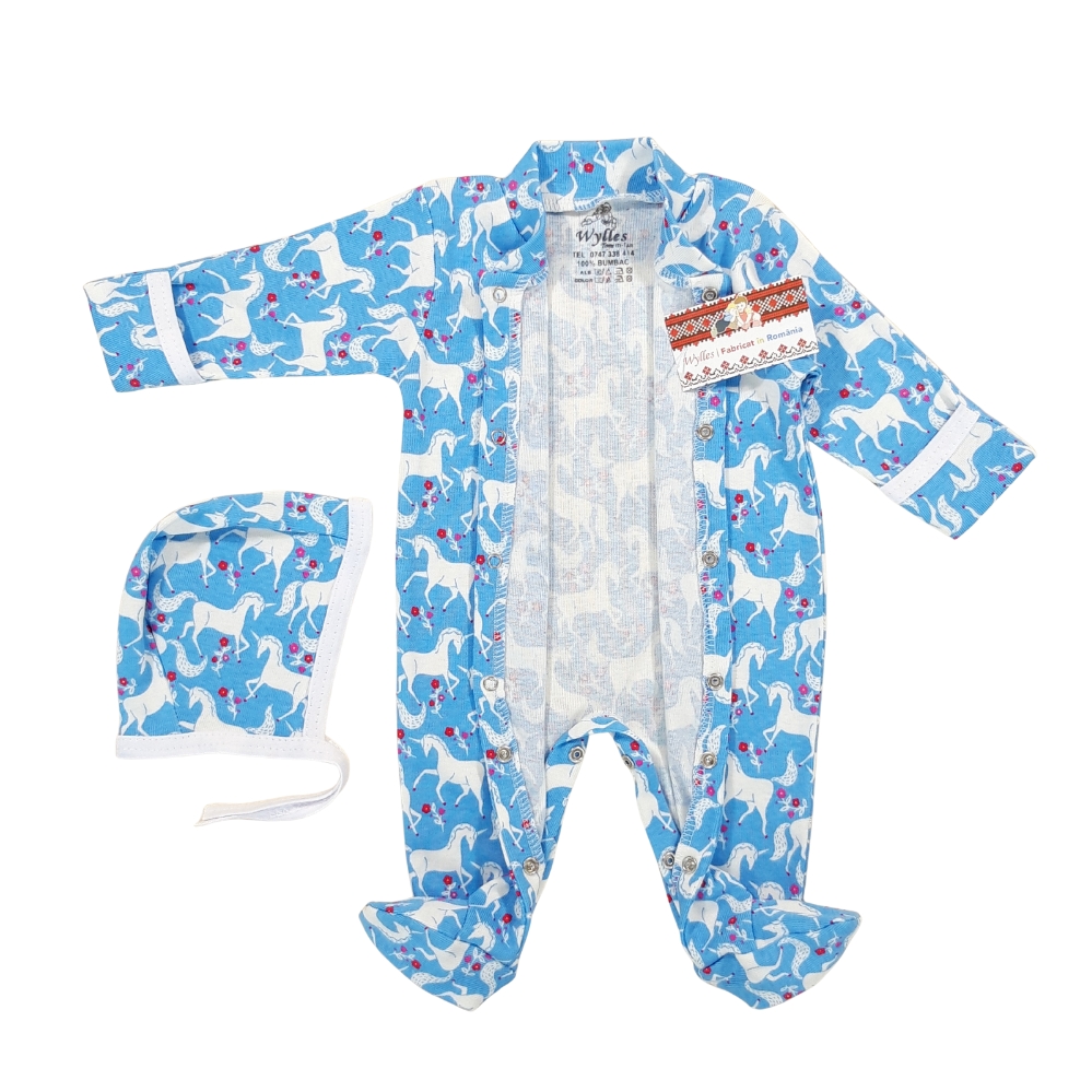 Salopeta 0-6 luni(SEMISUBTIRE)cu manusa si botosei, cu capse in fata si pe ambele picioare + Caciulita (Bumbac 100%,rib ) - imagine 2