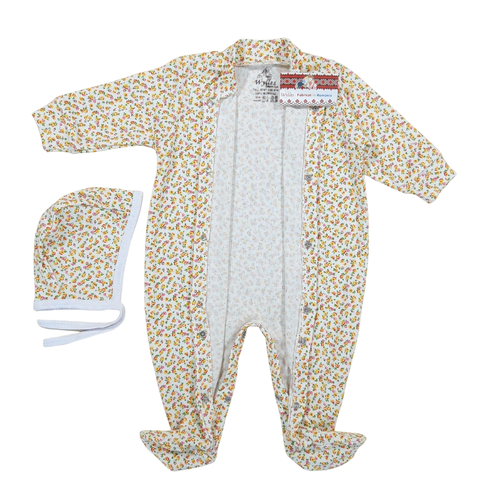 Salopeta 2-6 luni (SEMISUBTIRE) cu botosei, cu capse in fata si pe ambele picioare + Caciulita (Bumbac 100%,rib ) - imagine 2