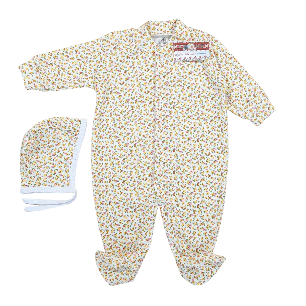 Salopeta 2-6 luni (SEMISUBTIRE) cu botosei, cu capse in fata si pe ambele picioare + Caciulita (Bumbac 100%,rib )