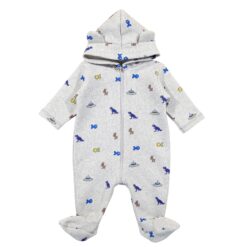 Salopetă din bumbac foarte gros cu glugă si fermoar, gri imprimat