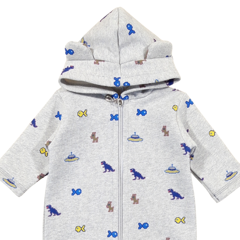 Salopetă din bumbac foarte gros cu glugă si fermoar, gri imprimat - imagine 4