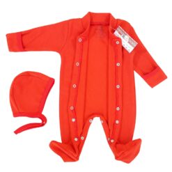 Salopeta 0-6 luni cu manuși, botoșei si capse in fata si pe ambele picioare + Caciulita (Bumbac 100%superior,semigros,rib )Roșie