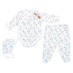 Body pieptar cu manusa + pantalon cu botoșel + căciuliță (Bumbac 100%) rib semisubțire