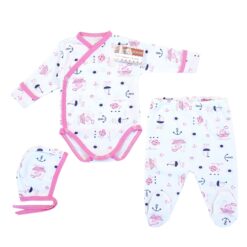 Body pieptar cu manusa + pantalon cu botoșel + căciuliță (Bumbac 100%) rib semisubțire