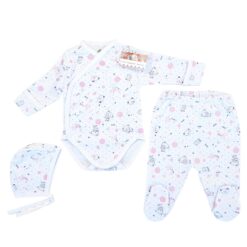 Body pieptar cu manusa + pantalon cu botoșel + căciuliță (Bumbac 100%) rib semisubțire